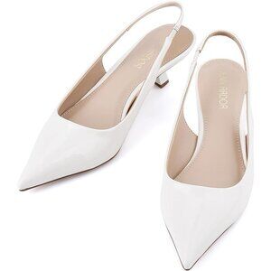 Jenn Ardor Women's White Slingback Low Heels Kitten Pumps Dressy Heeled Sandals